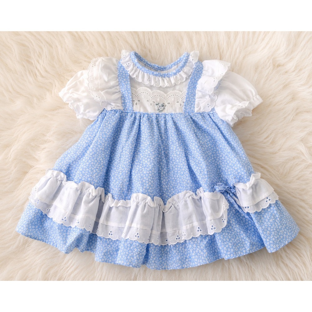 Vintage Roanna Baby Girls 12M Blue Floral Prairie Dress Eyelet Ruffle